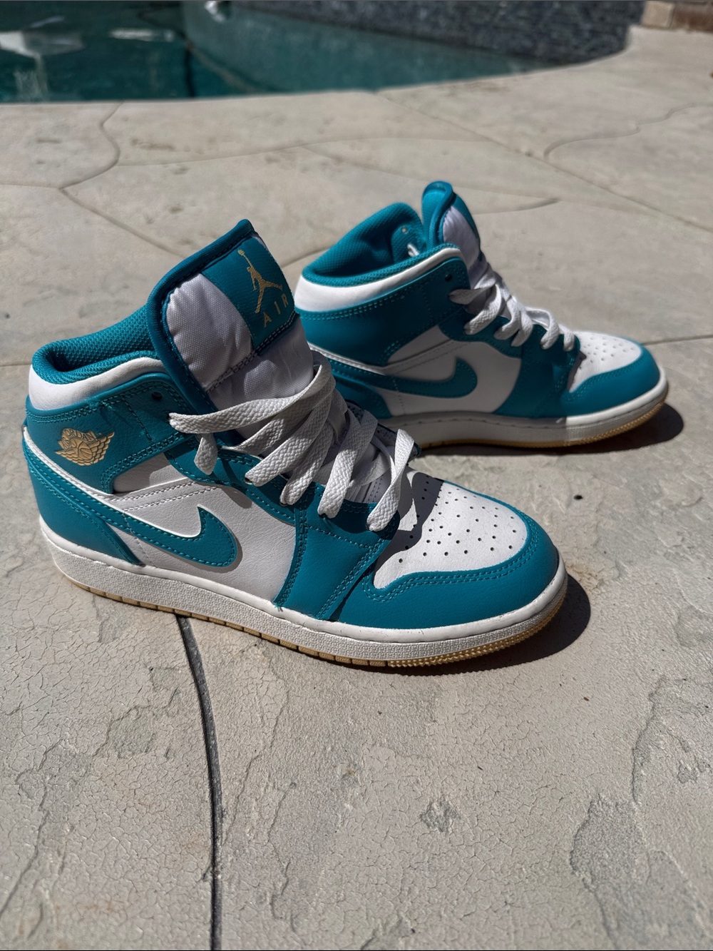 Jordan Mid-Top Sneakers in Teal and White with Gold Accents